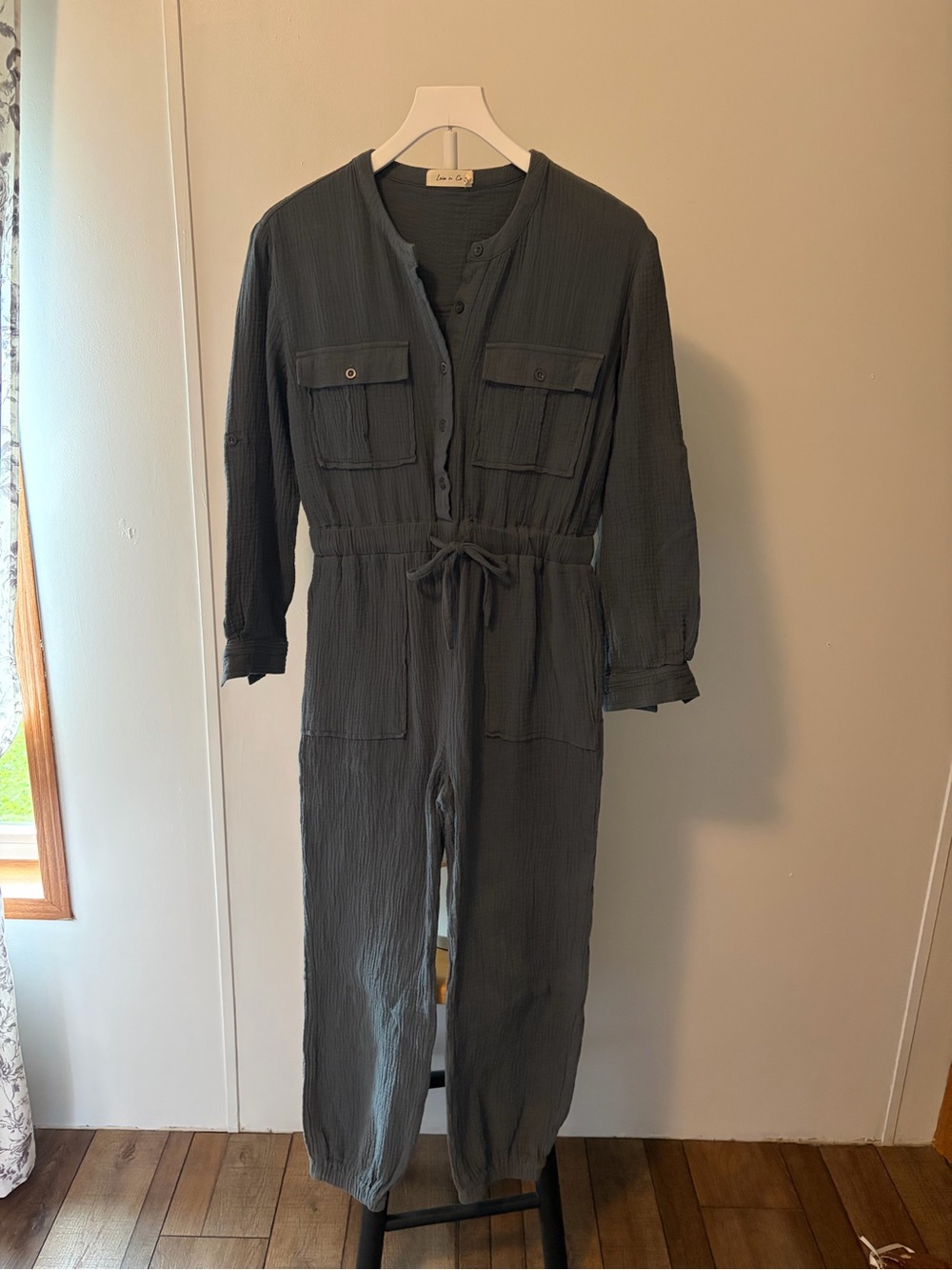 Leann Co Women’s Charcoal Utility Jumpsuit with Drawstring Waist small